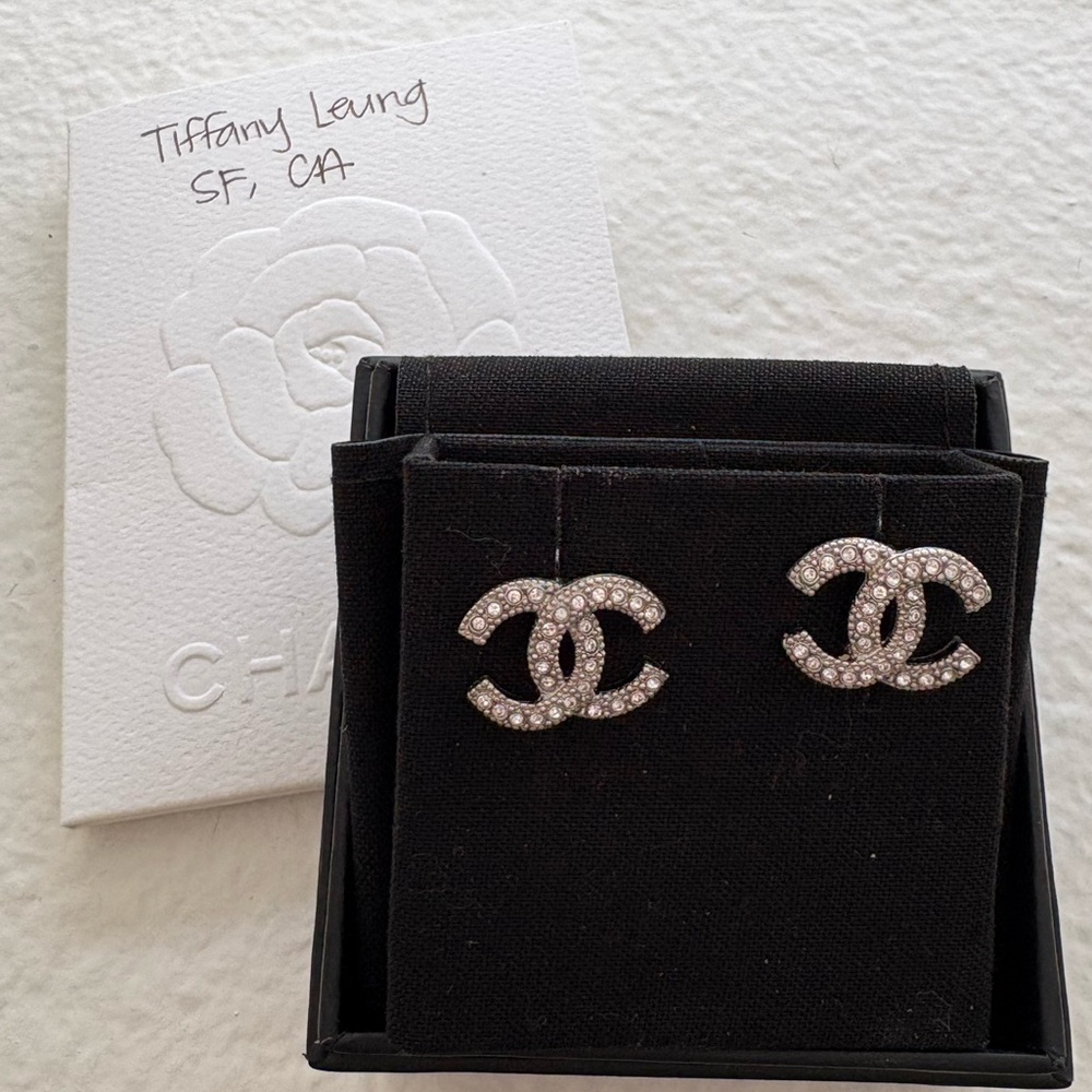 Chanel 20P Silver Crystal CC Studs